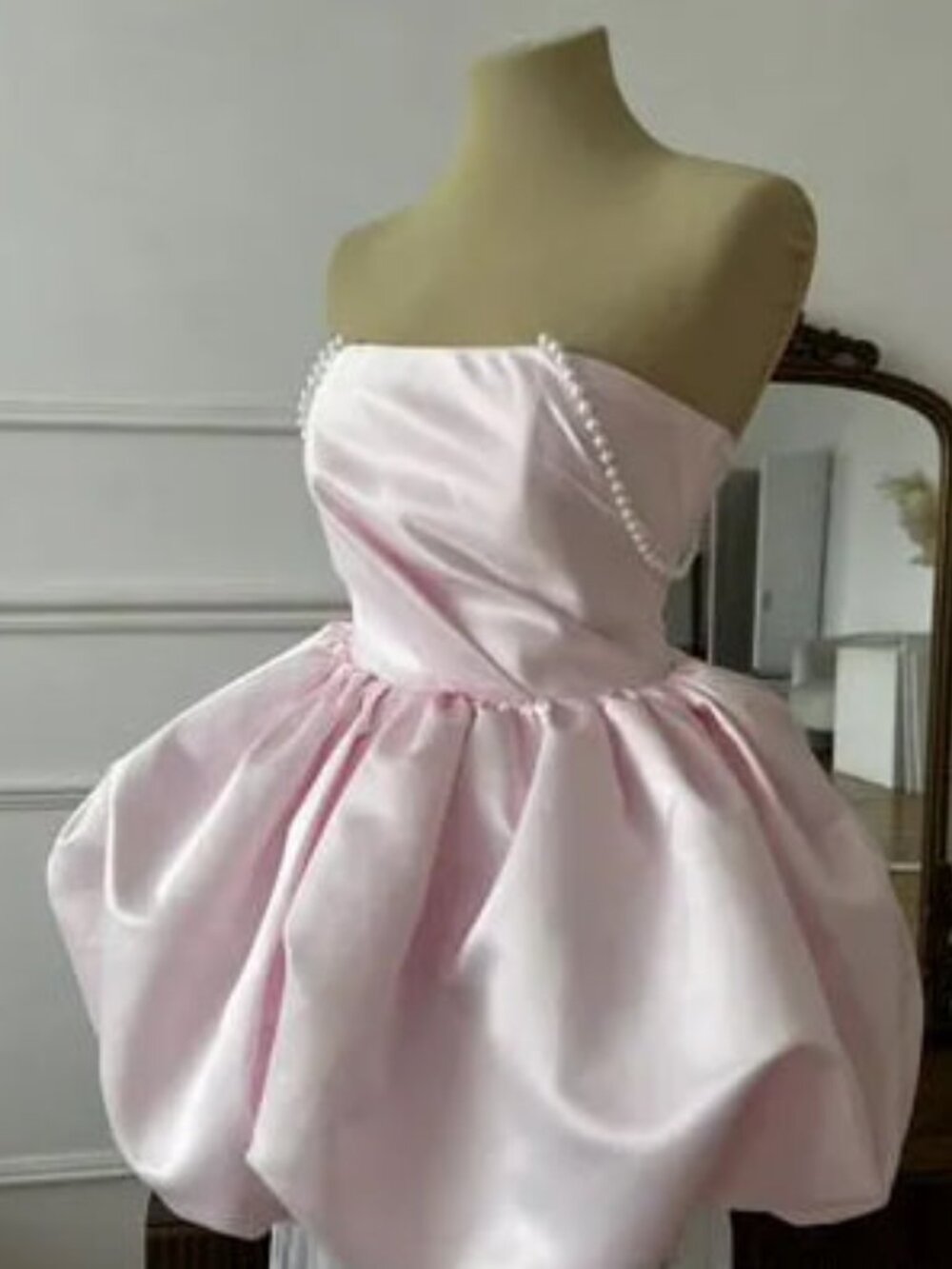 Pink Strapless Bubble Dress with Pearl Detailing